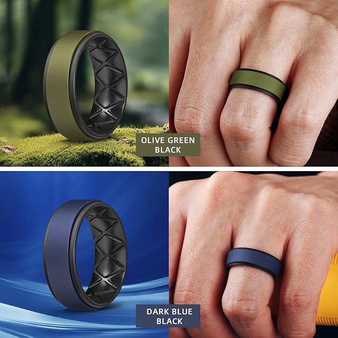 Egnaro Silicone Rings for Men 1/4/5/6/7 Multipack of Breathable Mens Silicone Rubber Wedding Rings Bands - Step Edge