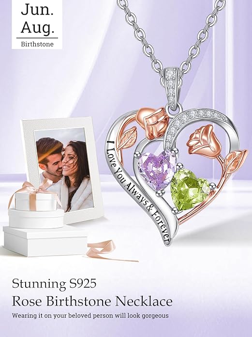 Valentine's Day Gifts for Wife 925 Sterling Silver Double Birthstone Pendant Necklaces I Love You for Always and Forever Necklace Anniversary Birthday Gifts for Wife Girlfriend Mom Her