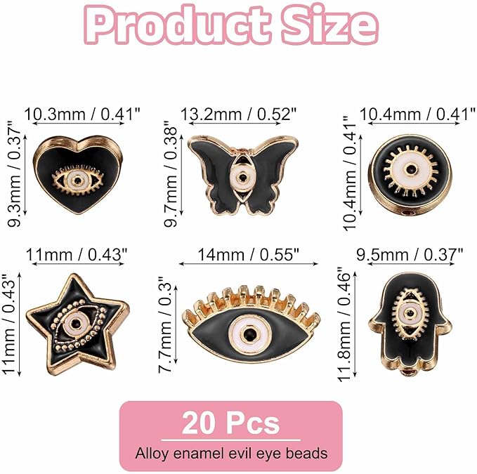 MECCANIXITY 30 Pcs Evil Eye Beads Bulk Colorful Alloy Enamel Loose Spacer Charm Beads for DIY Bracelet Earrings Necklace Crafts Jewelry Making, Black