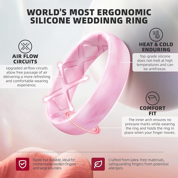 Egnaro Women's Bridal Rings Sets, Inner Arc Ergonomic Breathable Design Silicone Rubber Wedding Bands