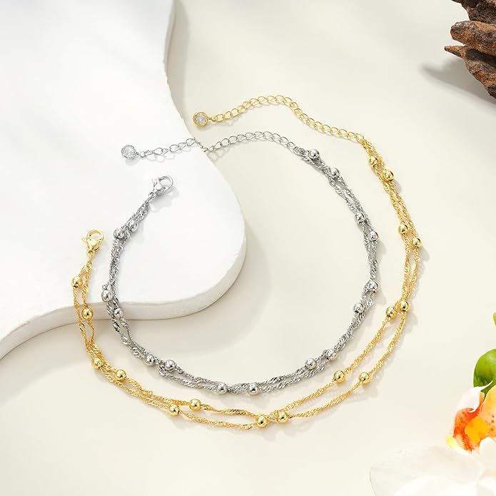 Ankle Bracelets for Women - 14K Gold Plated Waterproof Cuban Water Wave Chain Beads Rhinestone Anklets Set Layered Anklet Bracelets for Women Gold Jewelry Gift