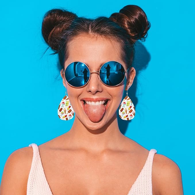 Ice Cream Leather Teardrop Earrings Cute Bright Color Chocolate Ice Cream Sweet Dessert Sundae Cone Faux Leather Water Drop Earrings Jewelry For Women Friends Wedding