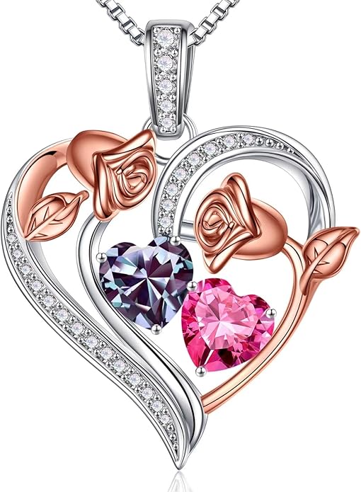 Iefil Valentines Day Gifts for Her - 925 Sterling Silver Rose Heart Necklace, Birthstone Jewelry, Anniversary Birthday Gifts for Wife Girlfriend Mom Daughter