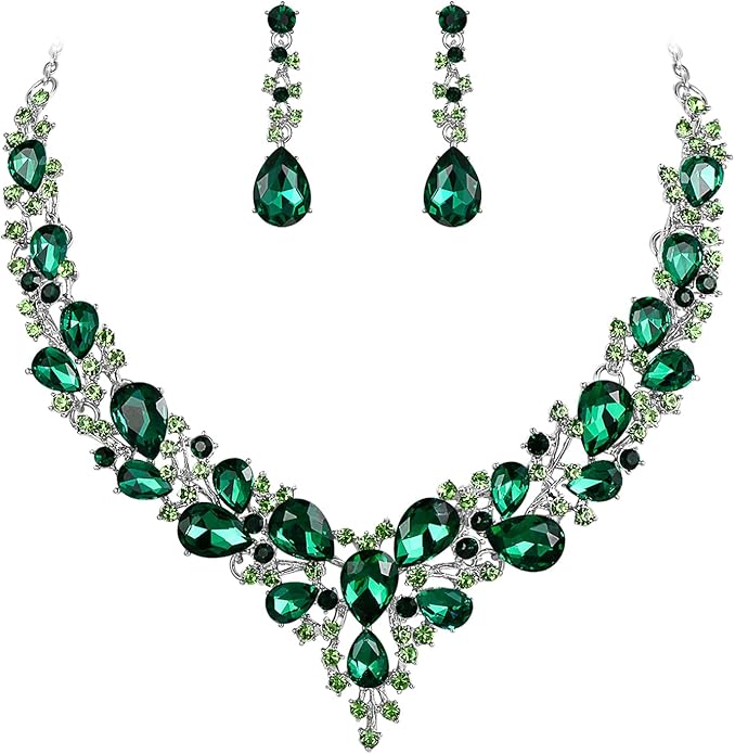 BriLove Women's Wedding Bridal Austrian Crystal Teardrop Cluster Statement Necklace Dangle Earrings Jewelry Set