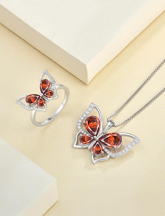 YL Women's Butterfly Necklace 925 Sterling Silver Flower Rose Pendant Birthstone Halo Jewelry