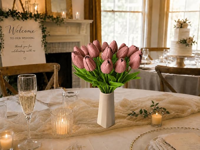 Mandy's 20pcs Artificial Mauve Tulips | 13.5 Inch Lifelike PU Tulips Faux - Image 7