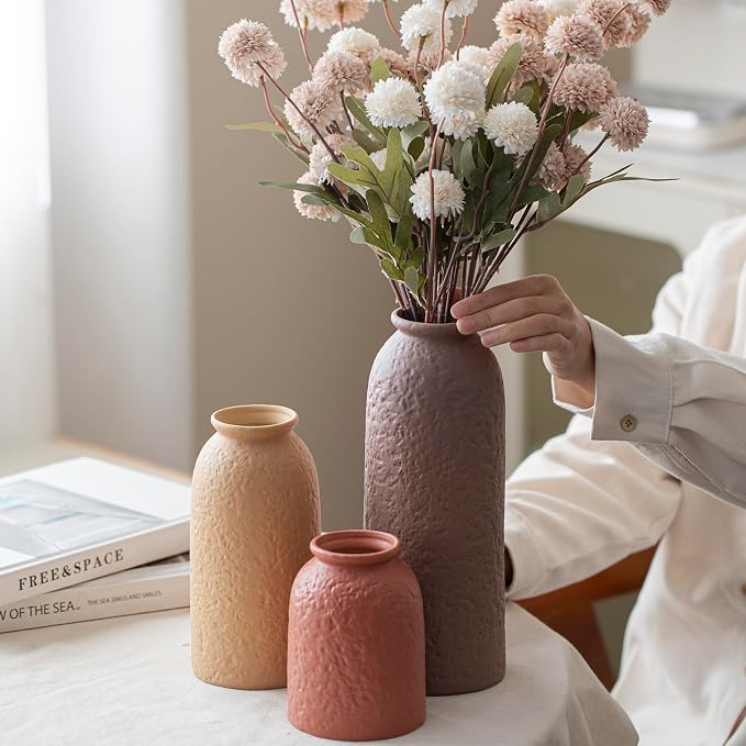 Large Decorative Ceramic Vase Set, 3 Pieces, Matte Taupe Orange Coral Beige - Image 2
