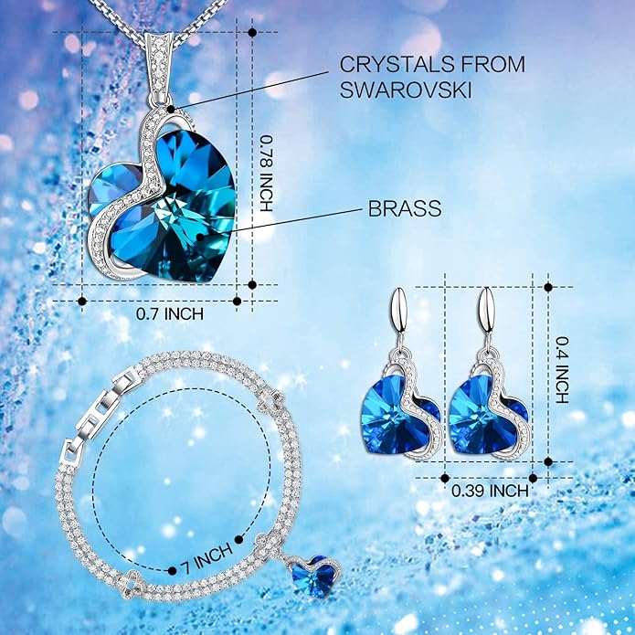 Blissful Heart Crystal Jewelry Sets For Women 18K White Gold Plated Bracelet Necklace and Earrings Sets for Wife Girlfriend or Mothers Idea Gift for Special Women in Life