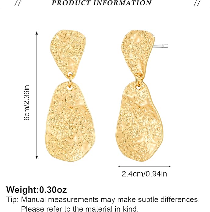 Chunky Gold Earrings for Women - Hammered Gold Plated Dangle Drop Jewelry Gifts