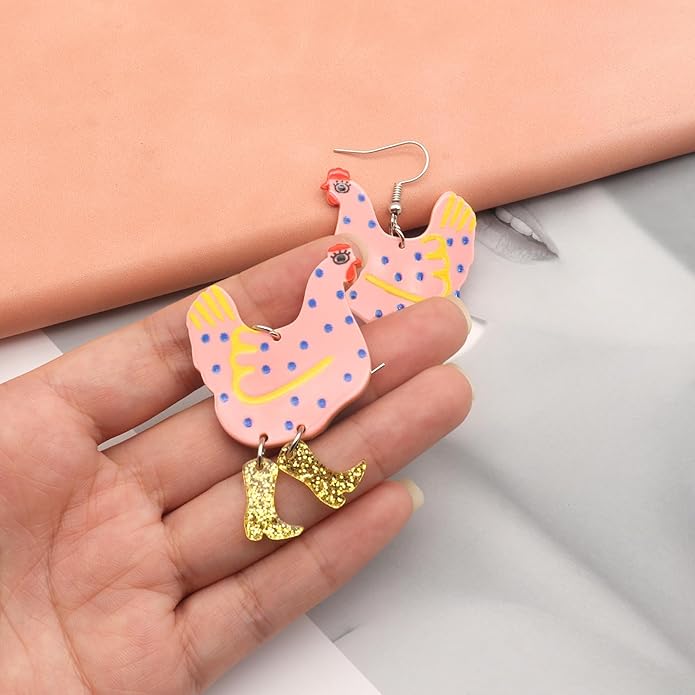 Acrylic Boot Big Chicken Earrings,Funny Colorful Boots Chicken Drop Dangle Earrings,Cock Hen Foot Chicken Earrings for Women Farm Design Lovely Gift