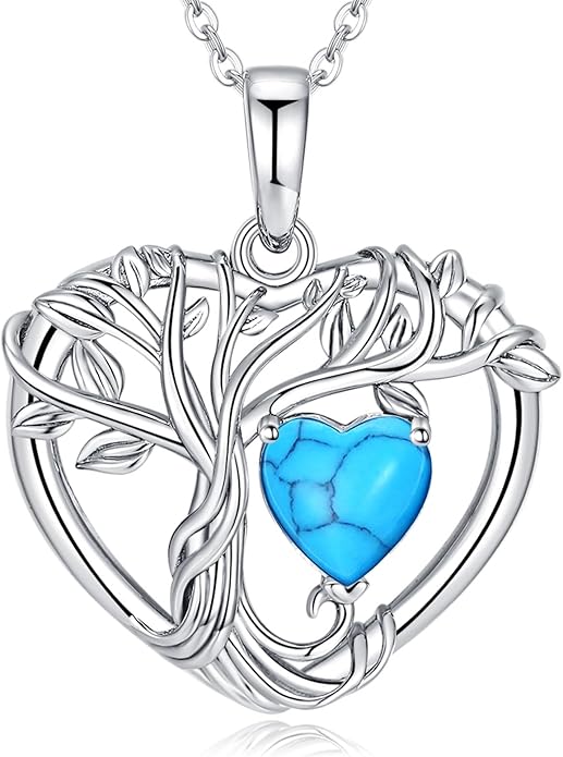 Tree of Life Necklaces for Women 925 Sterling Silver Heart Pendant Birthstone Necklace Created Gemstone Jewelry for Her, 18"+2"