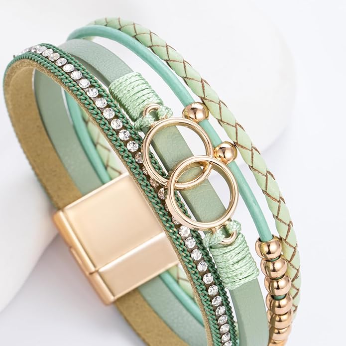 FANCY SHINY Boho Leather Wrap Bracelet Stackable Infinity Chunky Cuff Bracelets Western Hippie Outfits Jewelry Valentine Gifts for Women