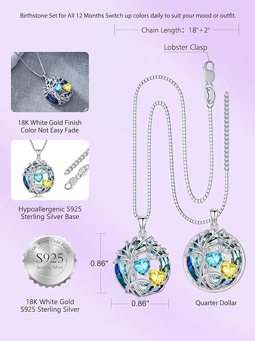 TOUPOP s925 Sterling Silver Family Celtic Tree of Life Pendant Necklaces with 2 Heart Birthstone with Blue Austrian Crystal Jewelry Birthday Valentines Day Gifts for Her, Anniversary Christmas Gifts for Wife Girlfriend Mom (18K Real White Gold Filled)