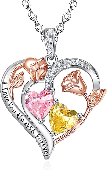 Valentine's Day Gifts for Wife 925 Sterling Silver Double Birthstone Pendant Necklaces I Love You for Always and Forever Necklace Anniversary Birthday Gifts for Wife Girlfriend Mom Her