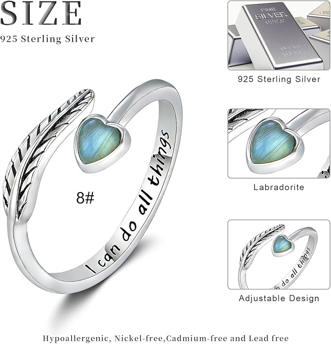Turquoise/Moss Agate/Moonstone/Black Onyx/Lapis Lazuli/Labradorite/Tiger Eye Feather Ring 925 Sterling Silver Adjustable Ring Western Thumb Rings Vintage Jewelry Gifts for Women