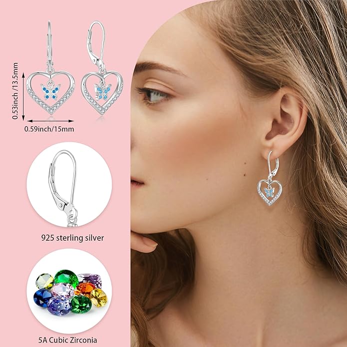 Butterfly Birthstone Heart Dangle Drop Earrings, 925 Strlings Silver 5A Cubic Zircon Leverback Earrings Jewelry Anniversary Birthday Gifts for Women