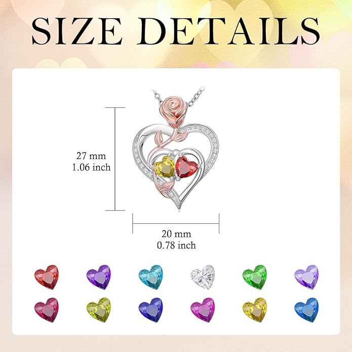 Rose Flower Heart Pendant for Women Birthday Gifts 18k Gold Plated Mother Daughter Necklace with 12 Months Birthstone Christmas Valentines Day Gifts for Her Mom Anniversarry Jewelry for Mom Wife Girlfriend