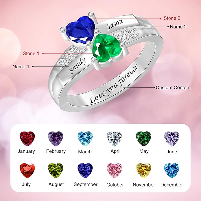 Personalized Heart Birthstone Rings for Women with 2 Birthstones Custom Name Rings for Couple Mother Daughter Jewelry Gift for Mother Her Christmas
