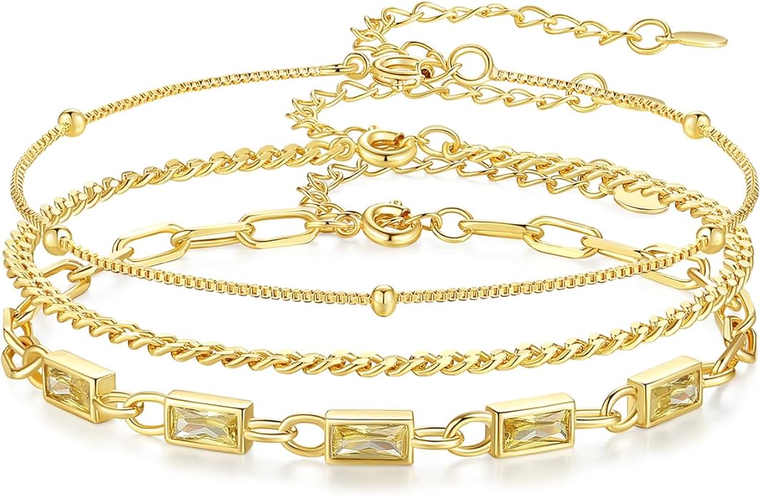 Gold Birthstone Bracelet for Women, 18K Gold Plated Layered Jewelry Bracelet Set, Womens Dainty Stackable Bracelets Link Paperclip Chain Valentines Day Gift for Wife Her