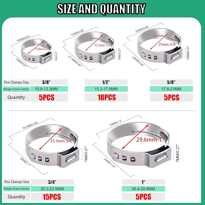 Twidec/48PCS 3/8", Stainless Steel Pex Crimp Rings, Single Ear Hose Clamps - Image 2