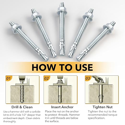 3/4" x 5-1/2" 25PCS Concrete Wedge Anchors, Heavy-Duty Cement Anchor Bolts - Image 6