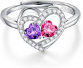 Iefil Adjustable Ring for Women - 925 Sterling Silver Double Birthstone Rings, Anniversary Birthday Gifts for Women Wife Her