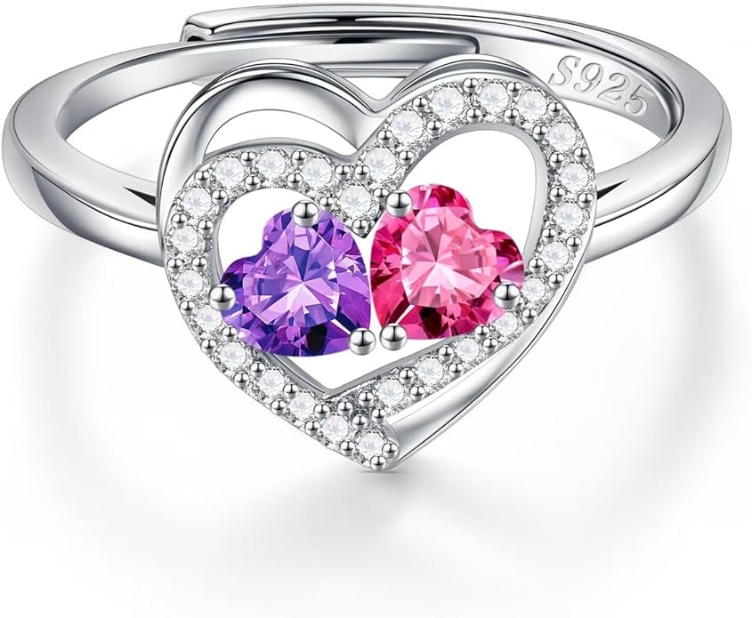 Iefil Adjustable Ring for Women - 925 Sterling Silver Double Birthstone Rings, Anniversary Birthday Gifts for Women Wife Her