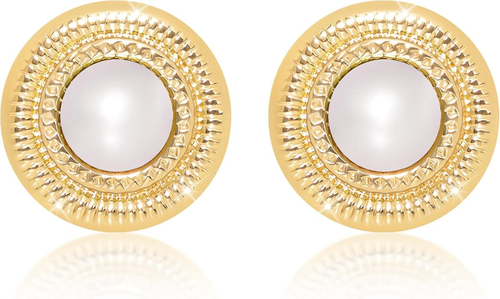 Faux Pearl Gold Plated Stud Earrings for Women, Hypoallergenic Stainless Steel Ear Pin, Available in a Variety of Pearl Colors