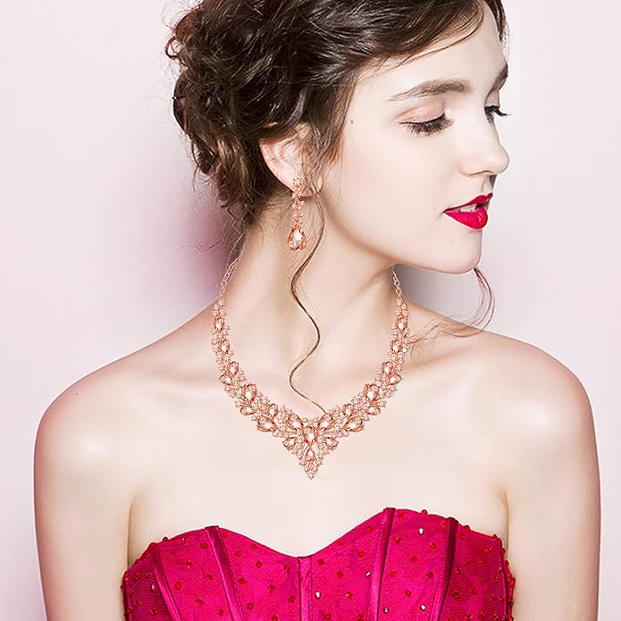 CSY 4 Pcs/Set Austrian Crystal Necklace Earrings Bracelet Ring Bridal Jewelry Sets for Brides Wedding Party Costume Accessories Gifts for Women