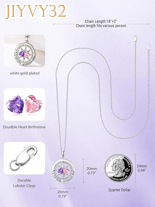 Compass Necklace for Women, Exquisite S925 Valentines Day Anniversary Birthday Gifts for Wife Her Double Birthstone Pendant Jewelry ‘I'd be Lost Without You’