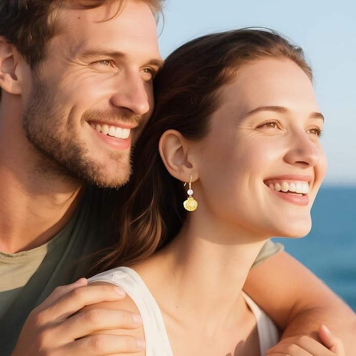 VONALA Silver/Gold Seashell Pearl Dangle Earrings 925 Sterling Silver Beach Drop Dangle Earrings Starfish Leverback Earrings Ocean Jewelry Gifts for Women