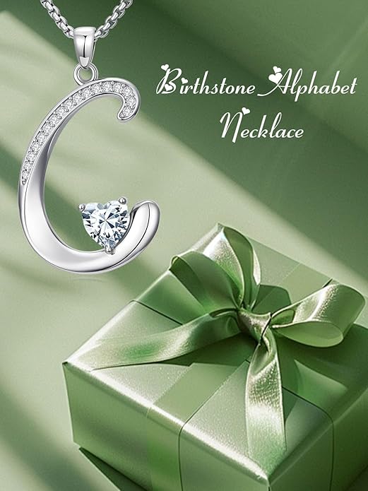 Valentines Day Gifts for Women Alphabet A to Z Initial Birthstone Pendant Necklaces for Women - 18k White Gold Plated Personalized Name Jewelry Valentine Mothers Day Birthday Gifts for Women Her Girlfriend