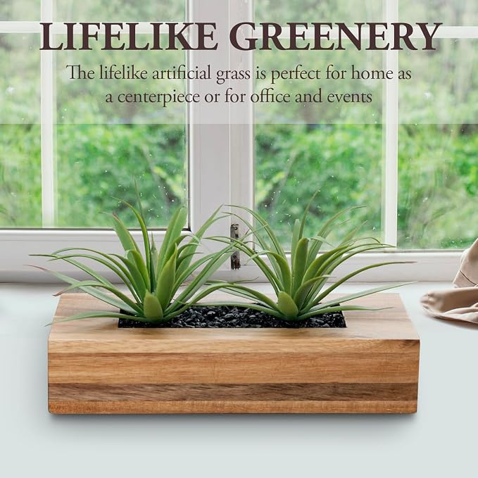 MyGift 10 Inch Artificial Grass Plant in Acacia Wood Planter, Faux Greenery | - Image 2