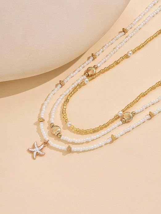 Women's Shell Starfish Boho Layered Beaded Necklace Choker for Summer Beach Vacation Gifts for Birthday/Anniversary/Christmas