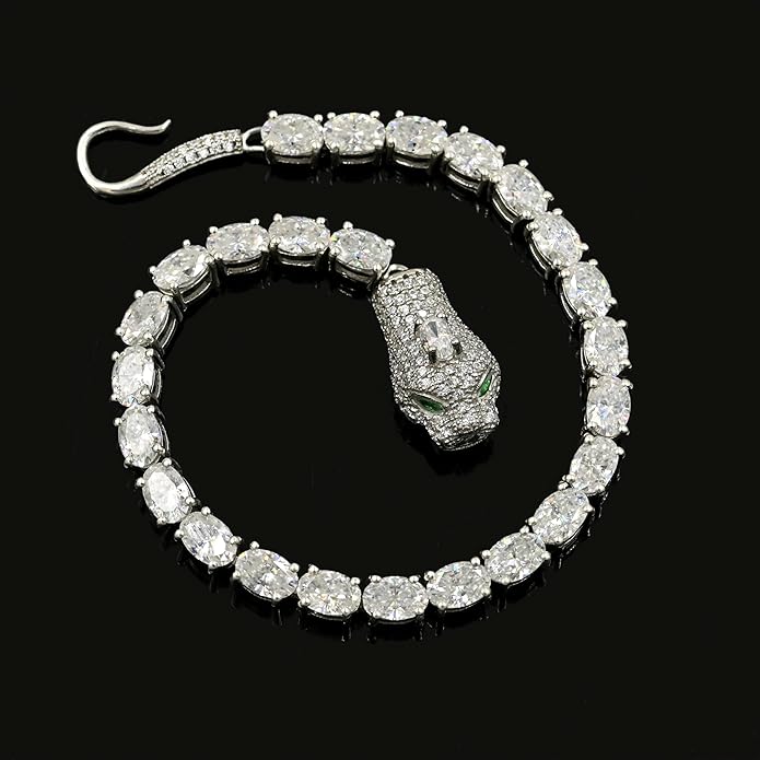 Natural Moissanite Cobra Bracelet in 925 Sterling Silver | 6x4mm Oval Cut 10.50 Carat | Handmade Designer Cobra Chain Bracelet for Men & Women | Adjustable Length Luxury Jewelry