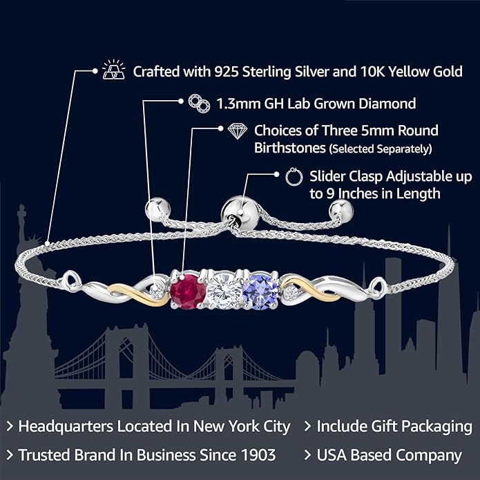 Gem Stone King Customized and Personalized 3-Stone Adjustable Bolo Bracelet for Women | 925 Sterling Silver and 10K Yellow Gold | Gemstone Birthstones and Lab Grown Diamond | Easy-On Easy-Off