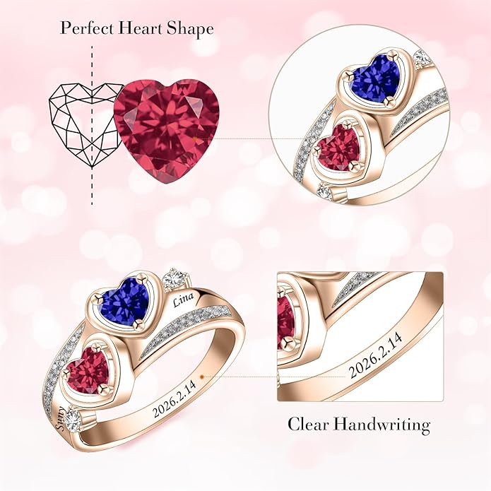 Personalized Heart Birthstone Rings for Women with 2 Birthstones Custom Name Rings for Couple Mother Daughter Jewelry Gift for Mother Her Christmas