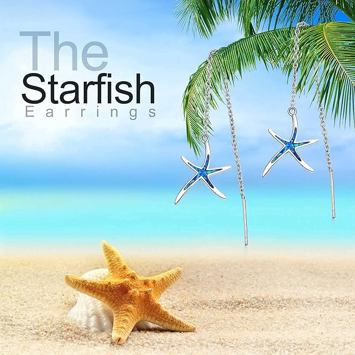 925 Sterling Silver Starfish Earrings With Opal Fish Hoops, Nautical Hawaiian Sea Beach Jewelry for Women and Starfish Lovers