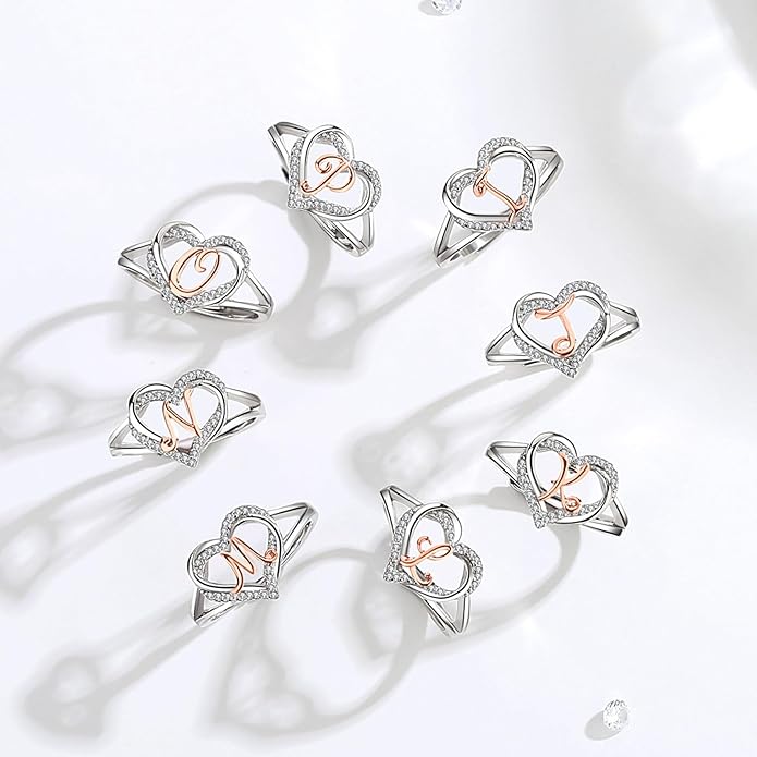 INFUSEU 925 Sterling Silver Initial Heart Ring for Women Girls, Adjustable Size