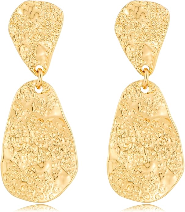 Chunky Gold Earrings for Women - Hammered Gold Plated Dangle Drop Jewelry Gifts