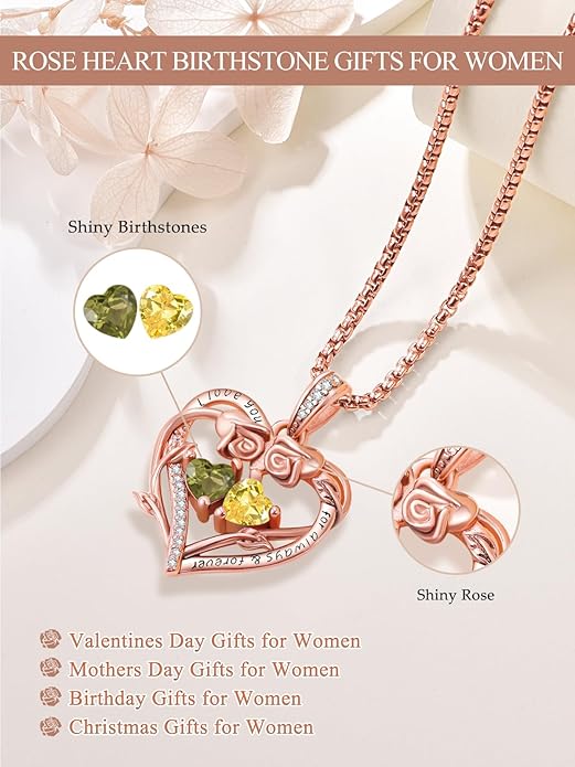 Rose Heart Necklaces for Women, Rose Gold Forever Love Jewelry with 2 Birthstones Pendant,Valentines Anniversarry Birthday Gifts for Her Wife Mom Grandma Daughter, 18+2 Inch Chain