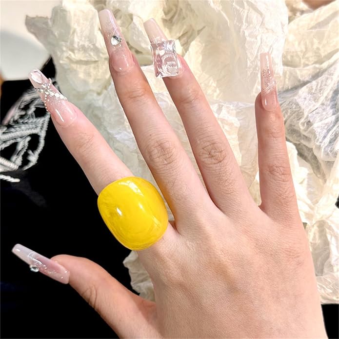 PINK TOWN Resin Chunky Ring, Multicolor Acrylic Stackable Rings Set Vintage Plastic Knuckle Rings Aesthetic Y2k Statement Rings Thick Dome Finger Joint Ring for Women