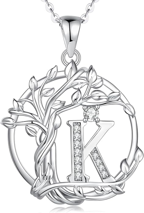 FANCIME Tree of life Initial necklaces for women, Sterling Silver Tree Jewelry Simulated Diamond Letter Pendant Cubic Zirconia CZ Personalized Birthday Mothers Day Gifts for Mom Wife Her