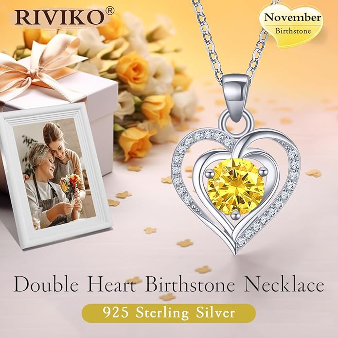 RIVIKO Heart Birthstone Pendant Necklace for Women 925 Sterling Silver Zirconia Necklaces Valentine's Day Anniversary Birthday Mothers Day Jewelry Gifts For Her Mother Wife