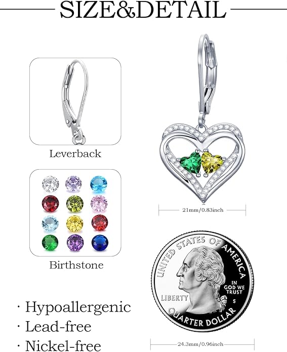 Valentines Day Gifts for Women, Heart Leverback Earrings Double Birthstone Dangle Earrings for Women, Love Jewelry for Her, Anniversary Birthday Gift for Mom Wife Girlfriend