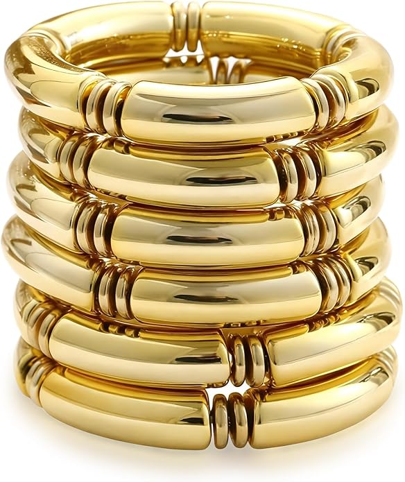 iF YOU 6pcs Chunky Acrylic Bangle Bracelets for Women, Resin Bamboo Brown Stretchy Bracelet Stack, Fashion Jewelry for Women