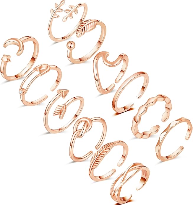 Honsny 12PCS Silver Plated Rings Adjustable Open Rings for Women Cute Gold Plated Stackable Thumb Rings Joint Chain Midi FingerArrow Knot Wave Band Rings Set