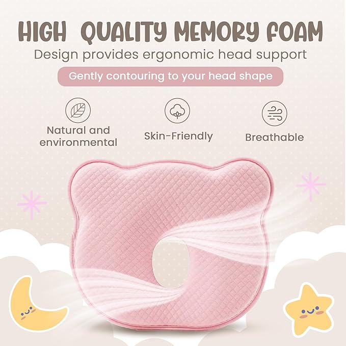 Soft and Breathable Baby Pillow with Memory Foam and Bear Design (Pink)