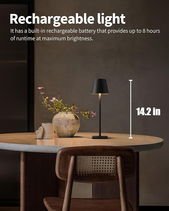 KDG Cordless Black Table Lamp, Portable Desk Lamp, 5000mAh Battery Operated | - Image 2