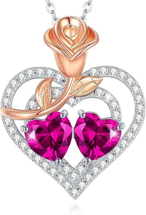 AGVANA Valentines Day Gifts Birthstone Necklace for Women Sterling Silver Rose Flower Heart Double Birthstone Jewelry Pendant Necklace Anniversary Birthday Gifts for Women Mom Wife Girlfriend Her
